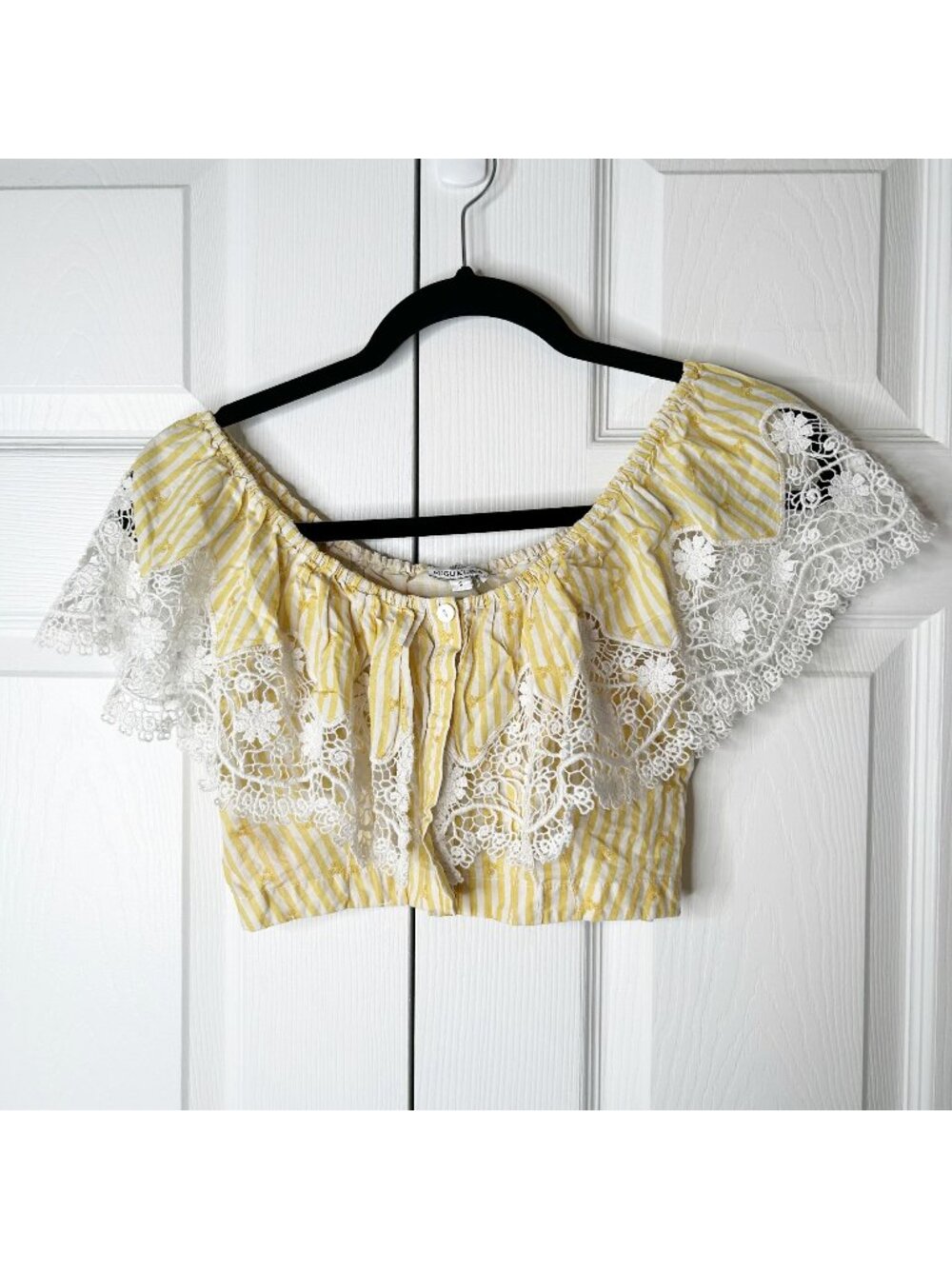 Miguelina Jenna Yellow Lace Trim Off The Shoulder Crop Top Women's Size Small S